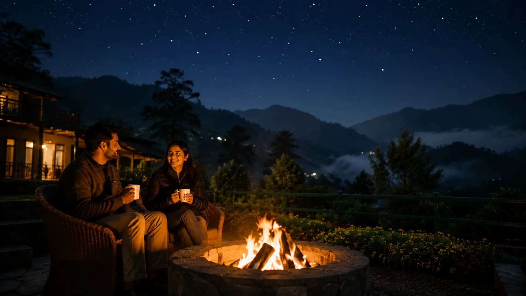 An evening bonfire at a Munnar resort