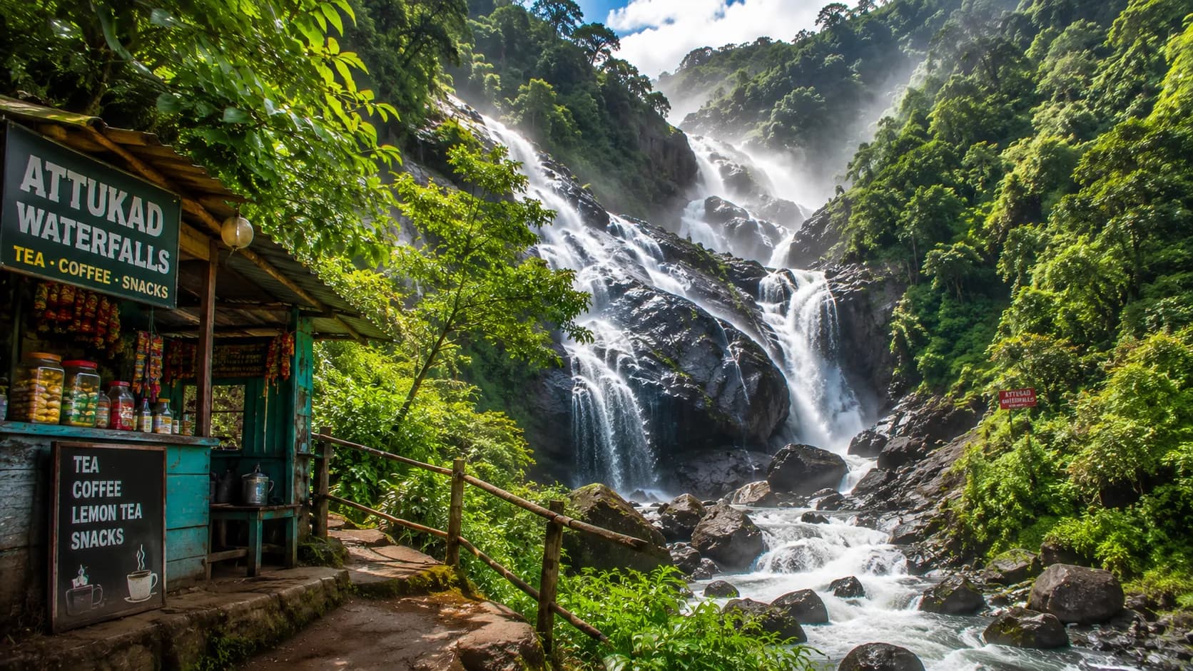 Attukad Waterfalls crashing through a mountain canyon in Munnar