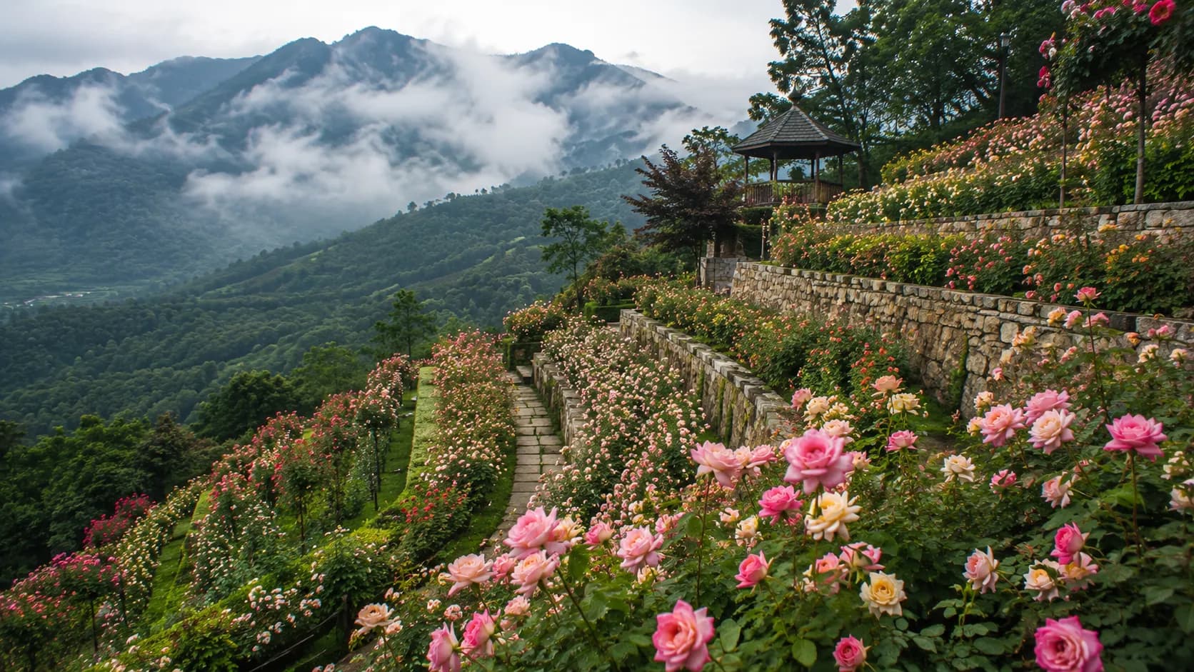 Beautiful botanical nature terraces at Munnar Rose Garden