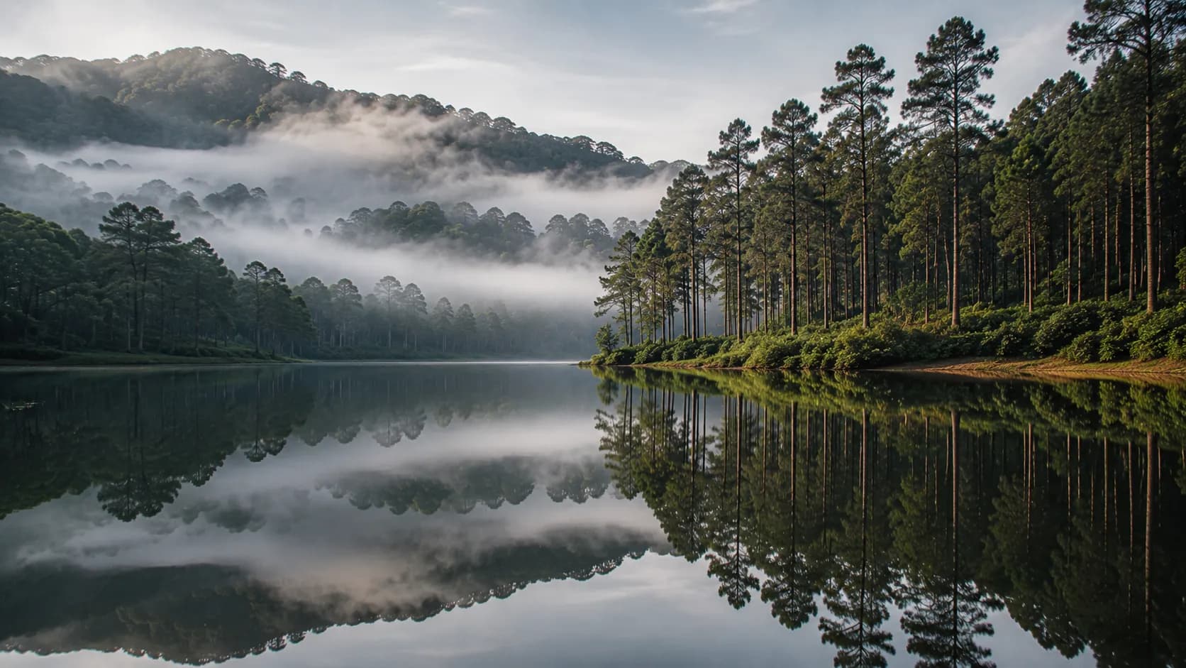 Pristine reflective lake around Munnar hill station