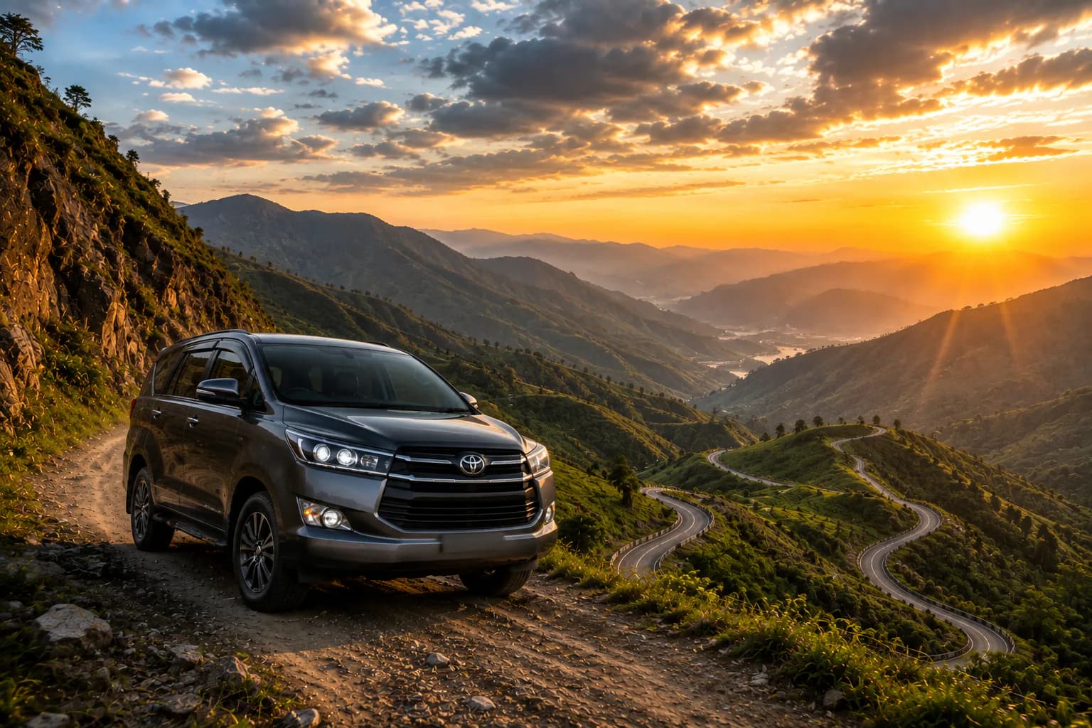 A private tour vehicle overlooking a winding mountain road